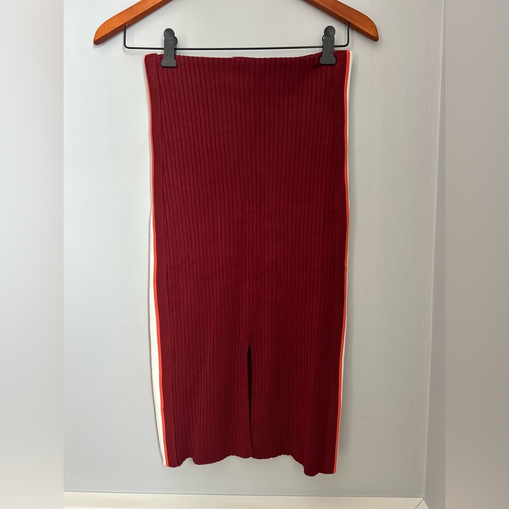 SCOTCH & SODA Ribbed Knit Midi Skirt XS Burgundy Stripe Bodycon Pencil Skirt - Picture 9 of 12